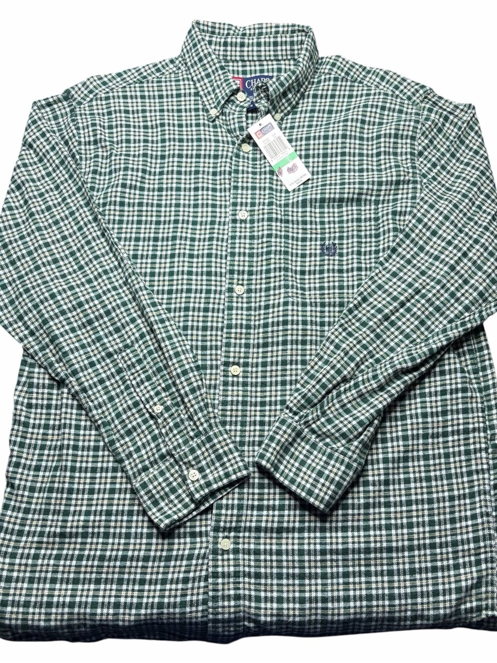 NWT Chaps Plaid Flannel Button Shirt Men’s L Green White Preppy